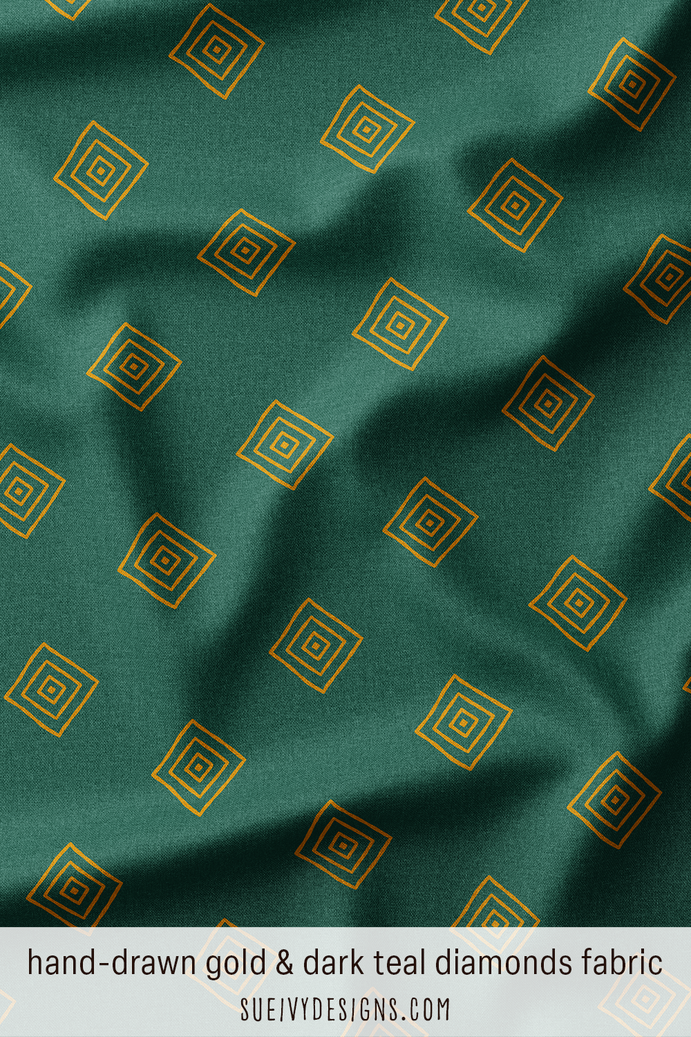 Close-up view of gold concentric diamond fabric on a dark teal ground, for moody fall seasonal sewing.