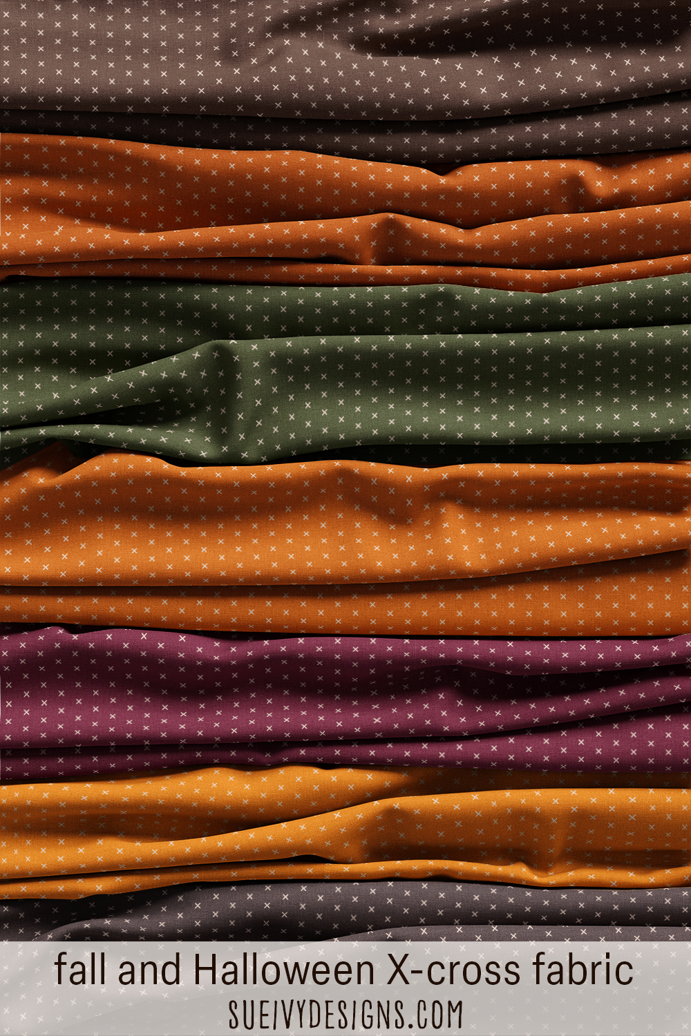 Fall and Halloween X-cross blender fabric from the Snails & Mushrooms collection by Sue Ivy Designs, a small cross-style design across autumn colorways.