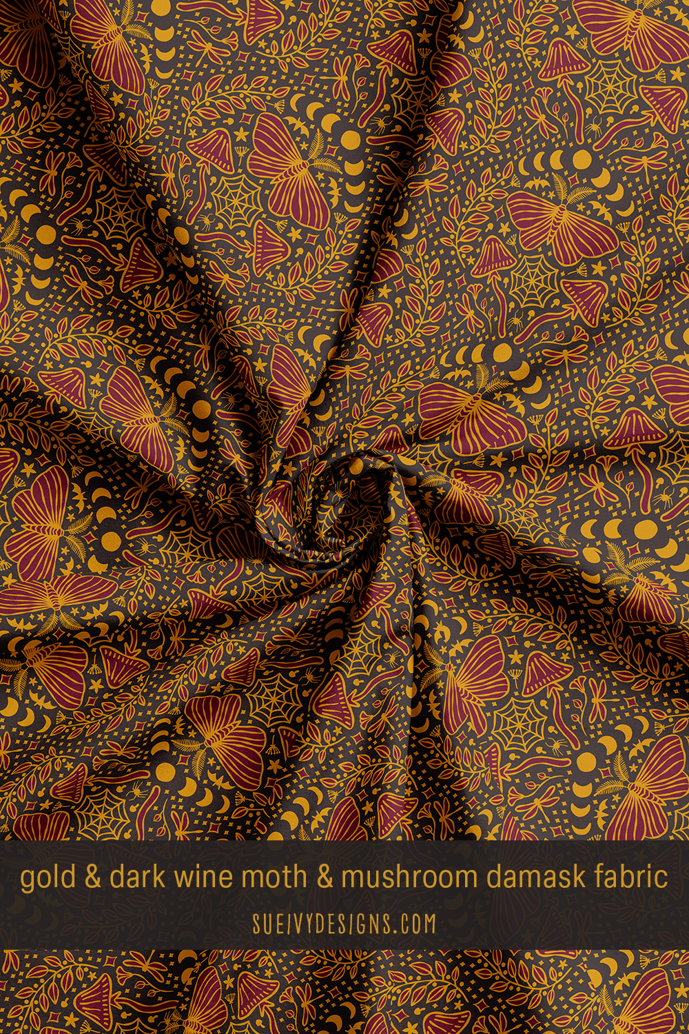Gold and dark wine moth & mushroom damask fabric, Nocturnal Halloween Garden collection by Sue Ivy Designs.