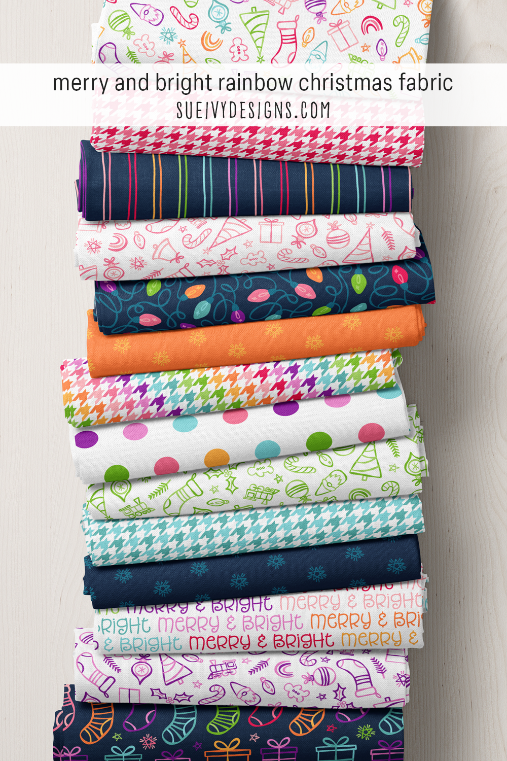 A fat-quarter stack in the rainbow multicolor — fifteen prints from pink and cherry red to teal blue and orchid, for a scrappy quilt.