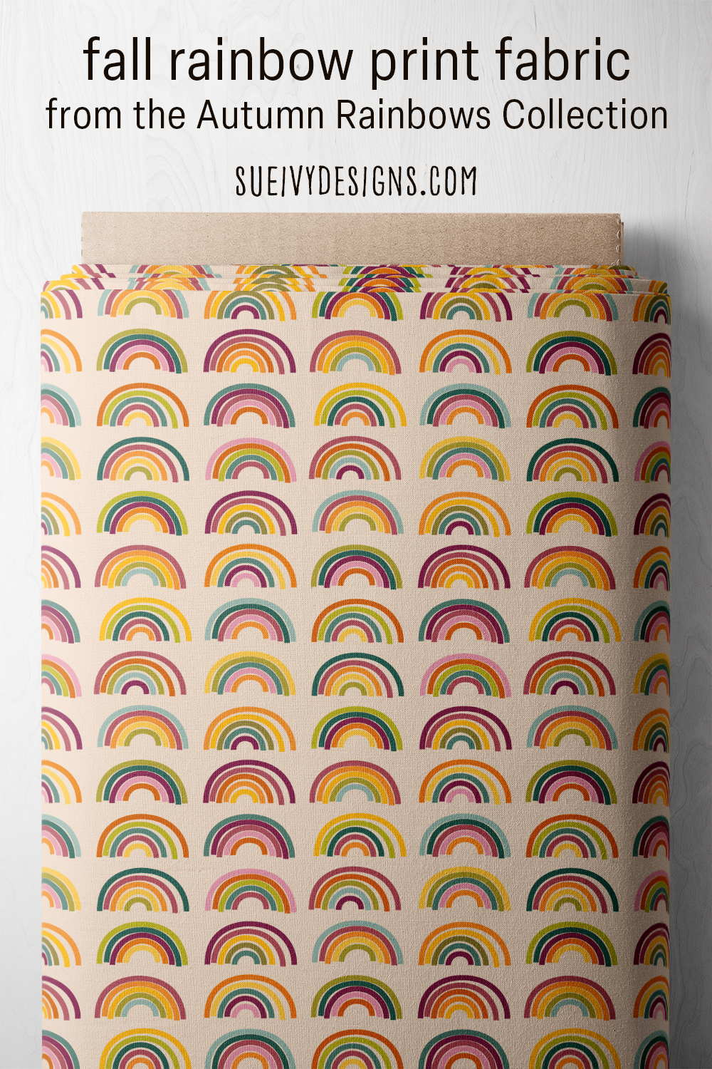 Fall rainbow print fabric from the Autumn Rainbows collection — hand-drawn rainbows in warm autumn tones for a colorful fall quilt.