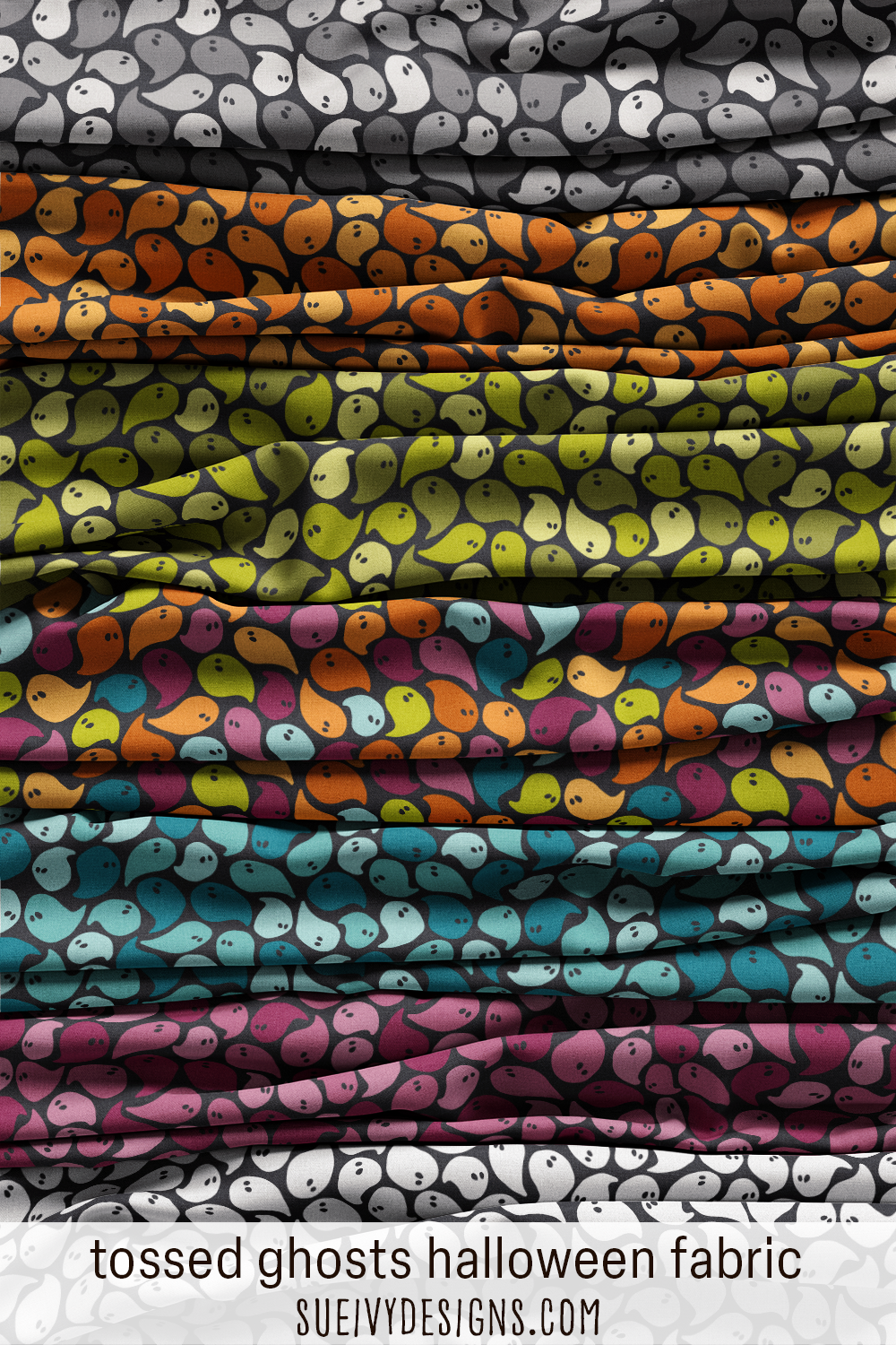 Tossed ghost Halloween fabric from the Happy Haunting collection by Sue Ivy Designs.