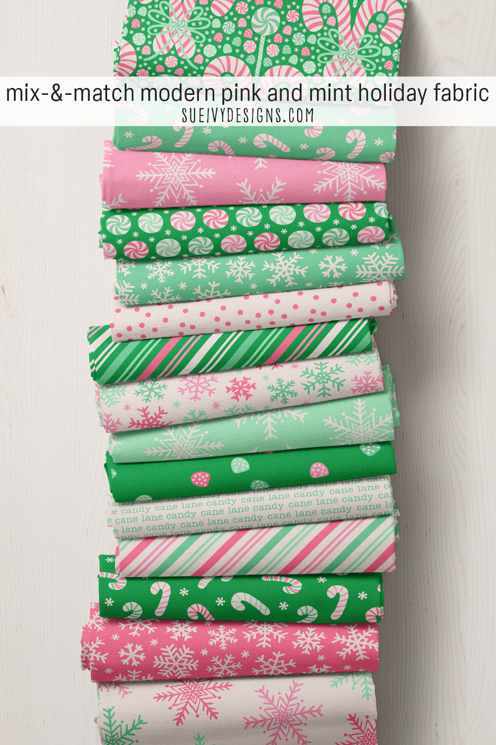 Fifteen fat quarters in pink, mint, and green — Christmas prints mixed with winter snowflakes and dots for a modern colorway