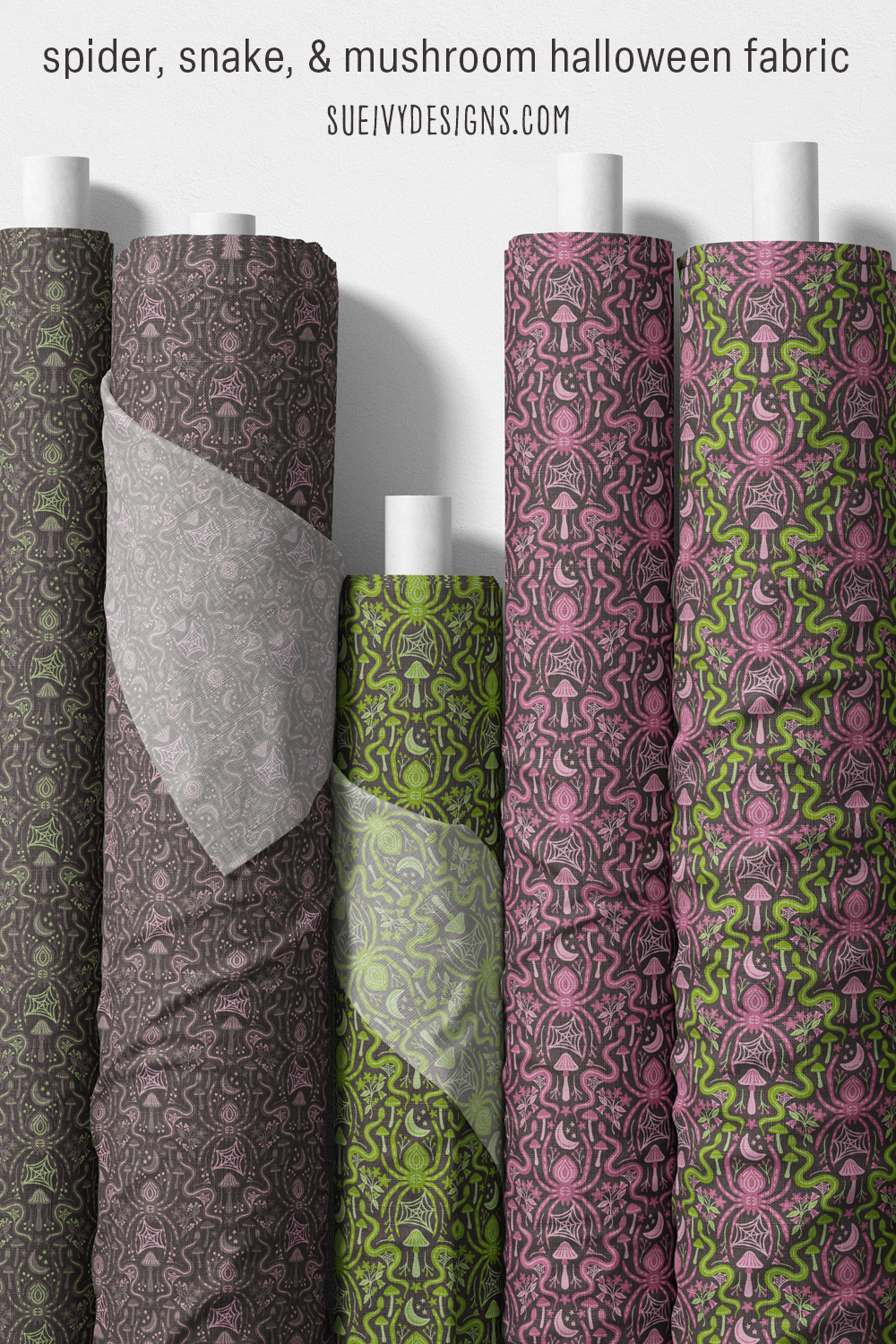 Green, raspberry purple and warm gray spiders, snakes and mushrooms on black in all five damask colorways