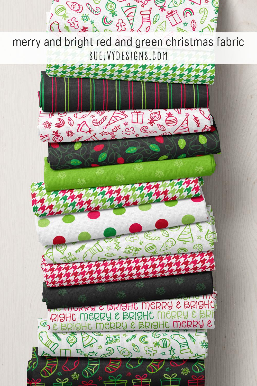 Fifteen fat quarters in red and green multicolor — cherry red, bright red, and greens across every print, for traditional patchwork.