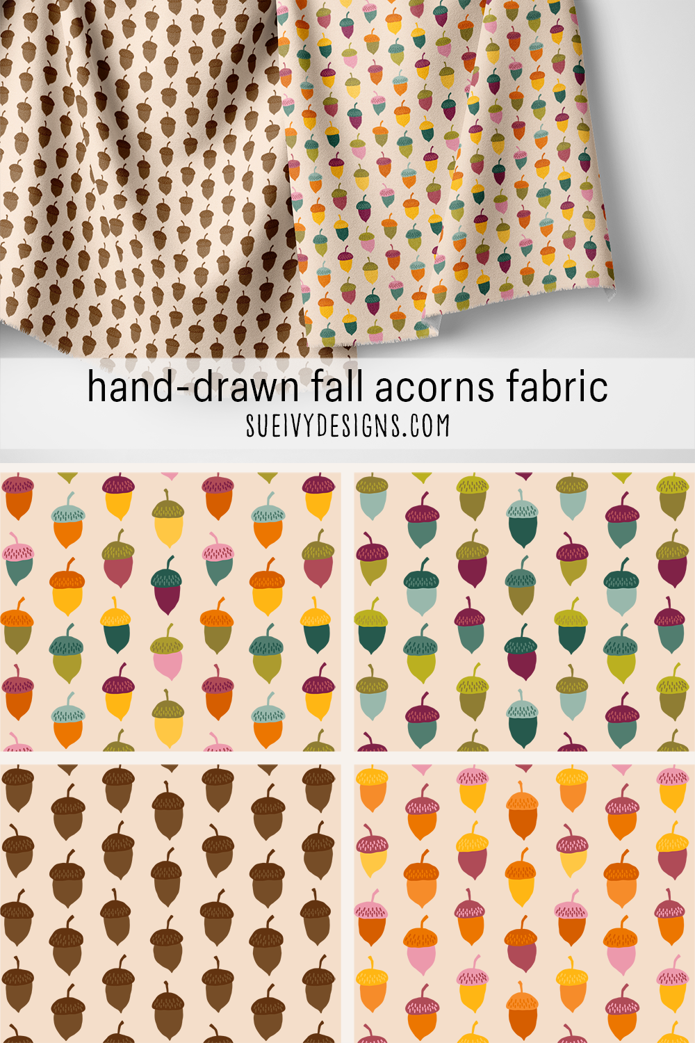 Hand-drawn fall acorns print fabric from the Autumn Rainbows collection, in colorful and tonal colorways — a woodland motif for a harvest quilt.