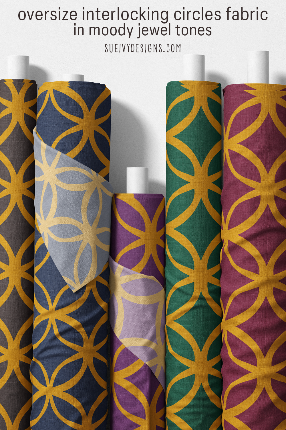 Oversize interlocking circles fabric — a large-scale gold lattice of circles and petals in all five moody colorways — home decor fabric.
