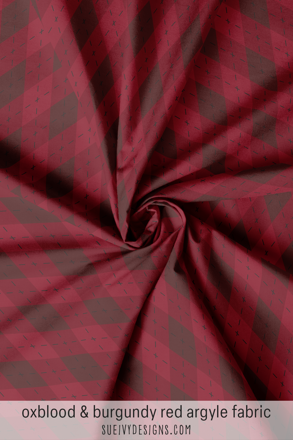 Oxblood and burgundy argyle swirled into soft folds — rich diamonds for quilting and autumn projects.