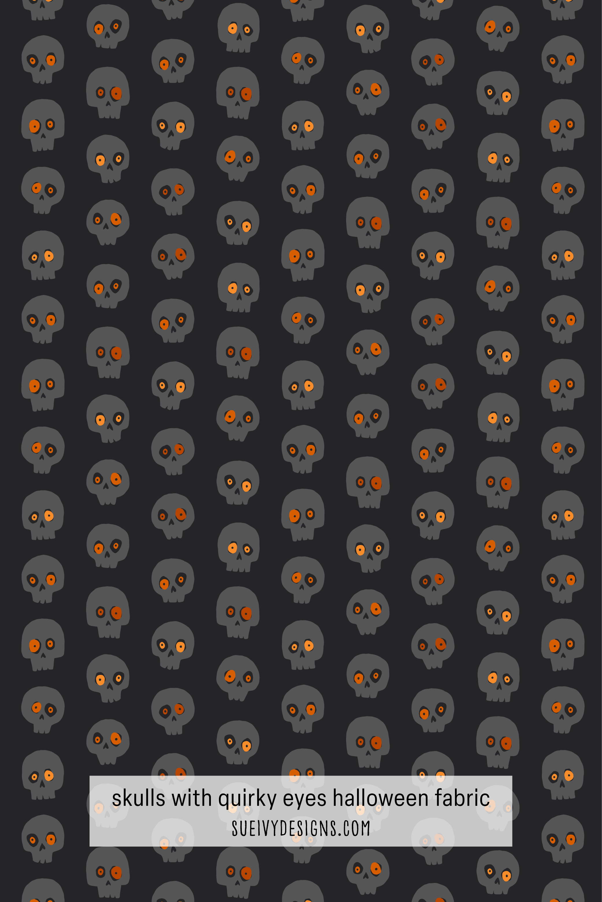 Quirky skull Halloween fabric print in gray and orange on black by Sue Ivy Designs, perfect for quilting and apparel