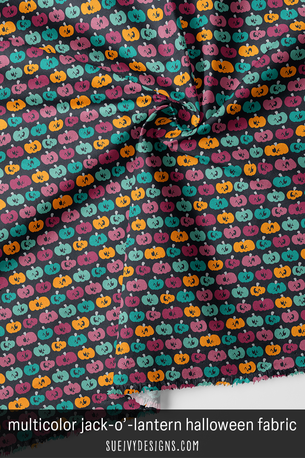Spookilicious Halloween fabric collection — multicolor jack-o'-lantern pumpkin print on black by Sue Ivy Designs.