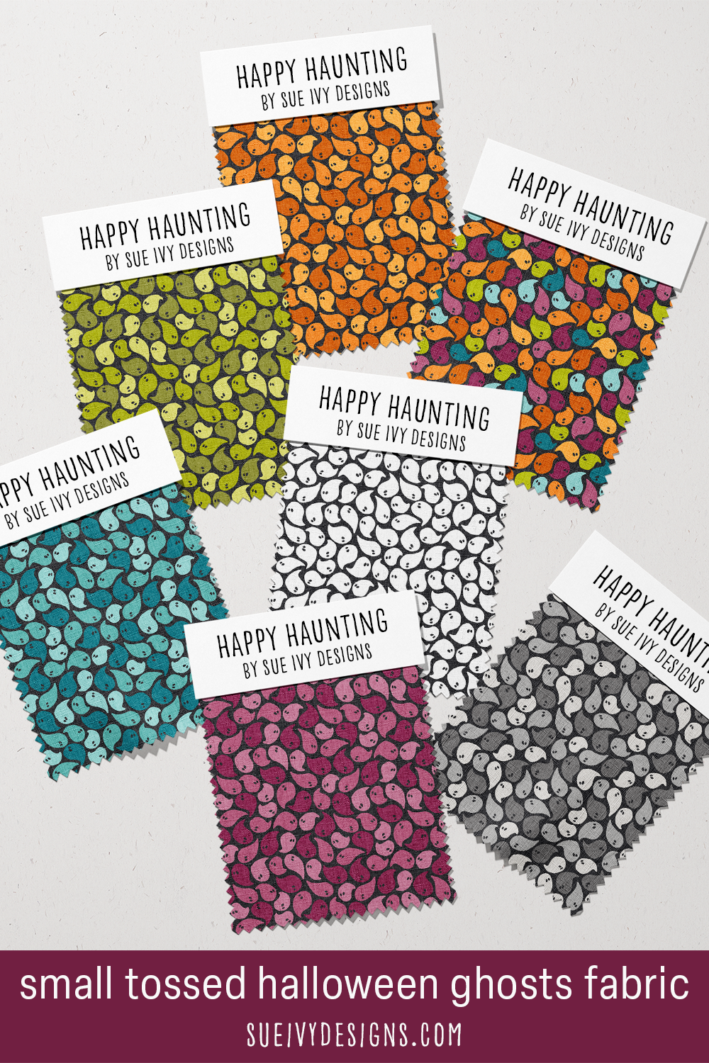 Tossed small ghosts fabric swatches from the Happy Haunting Halloween collection by Sue Ivy Designs.