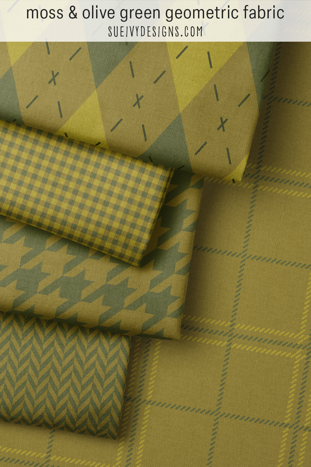 Argyle, tonal gingham, houndstooth, herringbone, and windowpane plaid folded together in moss and olive green — the Elevated Classic Geometrics mix.