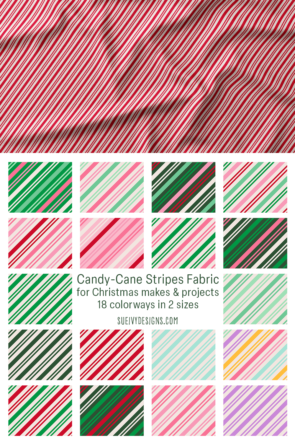 Diagonal candy-cane stripes in all 18 colorways, pastel to classic red and green — Christmas geometric fabric.
