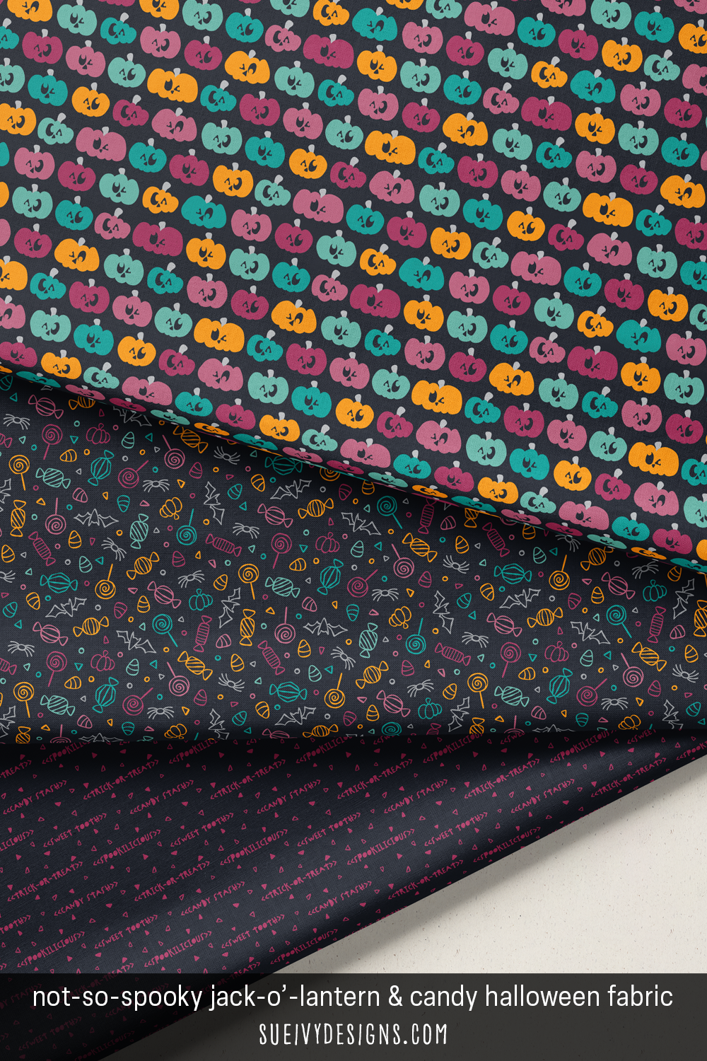 Zany jack-o'-lantern pumpkins, doodled candies, and a confetti-strewn 'candy stash' text print stacked on black grounds — the black-grounds cut of Spookilicious Halloween fabric, a little more spooky than sweet.