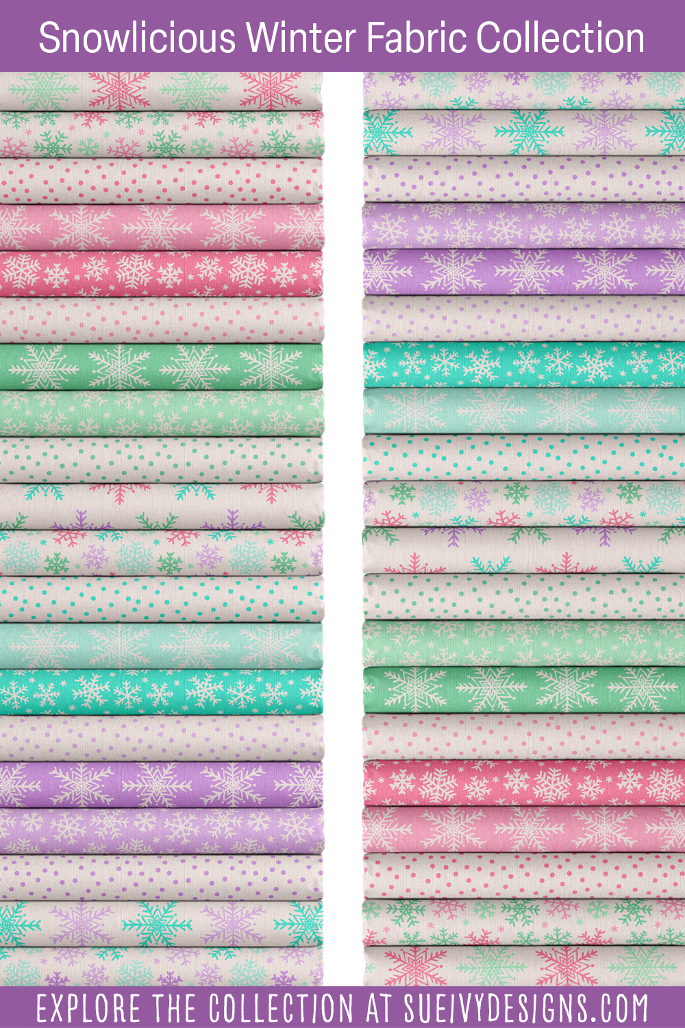 Twenty candy-pastel winter fabrics stacked and folded — the Snowlicious snowflake and polka dot collection, for winter or Christmas sewing.