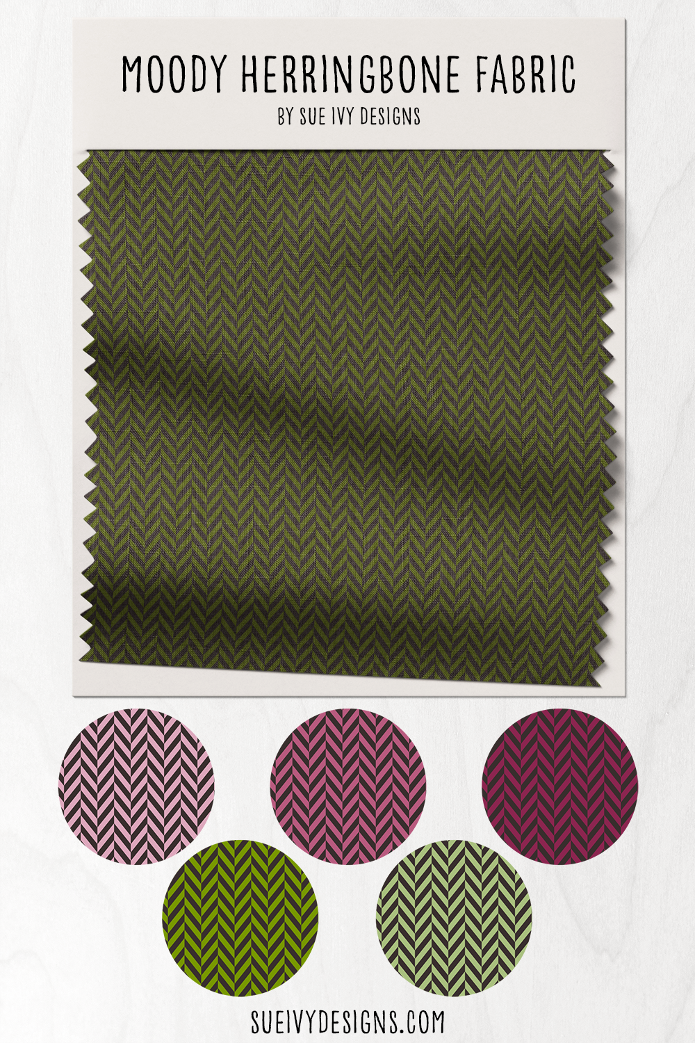 Herringbone in six black-and-color pairings across three greens and three raspberry purples — geometric blender fabric.