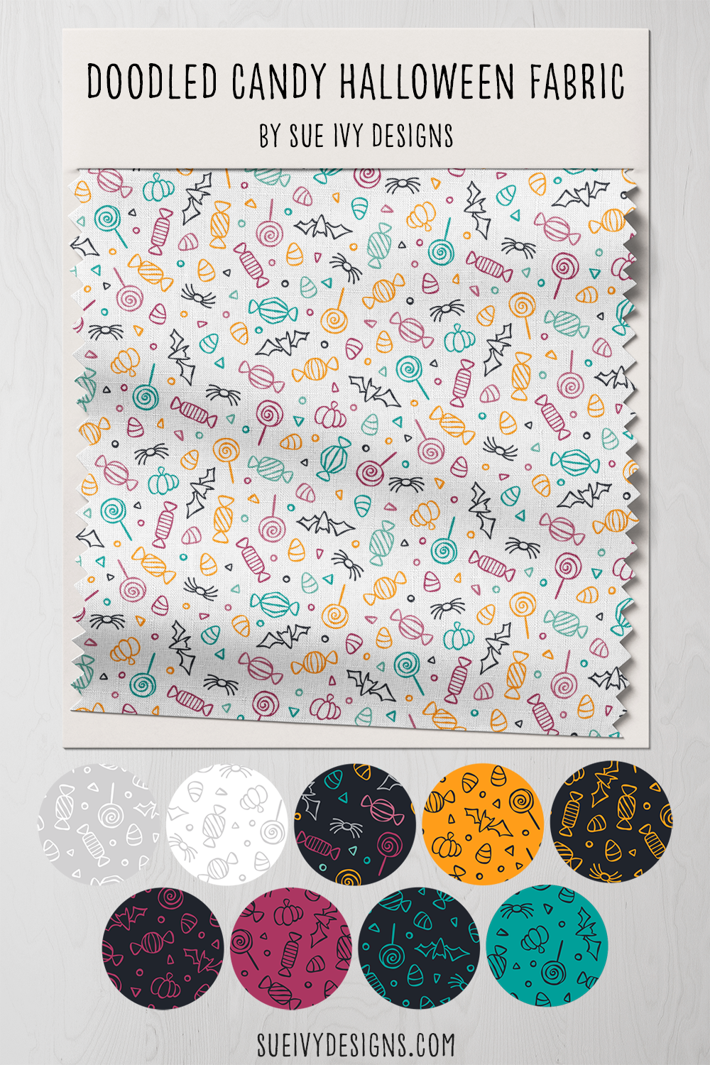 Doodled candy fabric colorway swatches from the Spookilicious Halloween collection by Sue Ivy Designs.