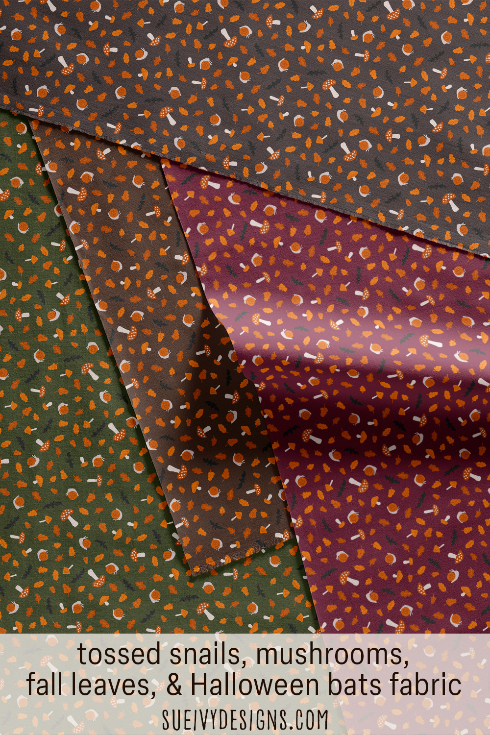 Tossed snails, mushrooms, fall leaves, and Halloween bats fabric from the Snails & Mushrooms collection by Sue Ivy Designs, the Halloween version of the scattered ditsy print.