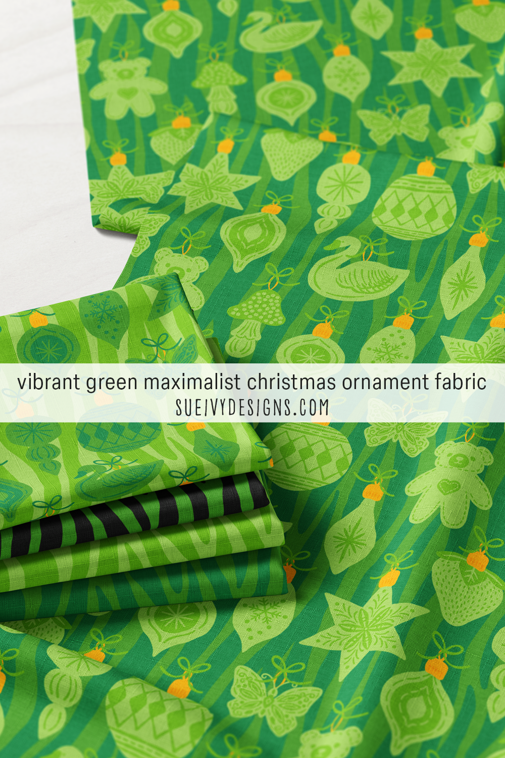 Ornament and tiger stripe prints in vibrant green — five coordinating Merry Maximalist Christmas quilting fabrics.