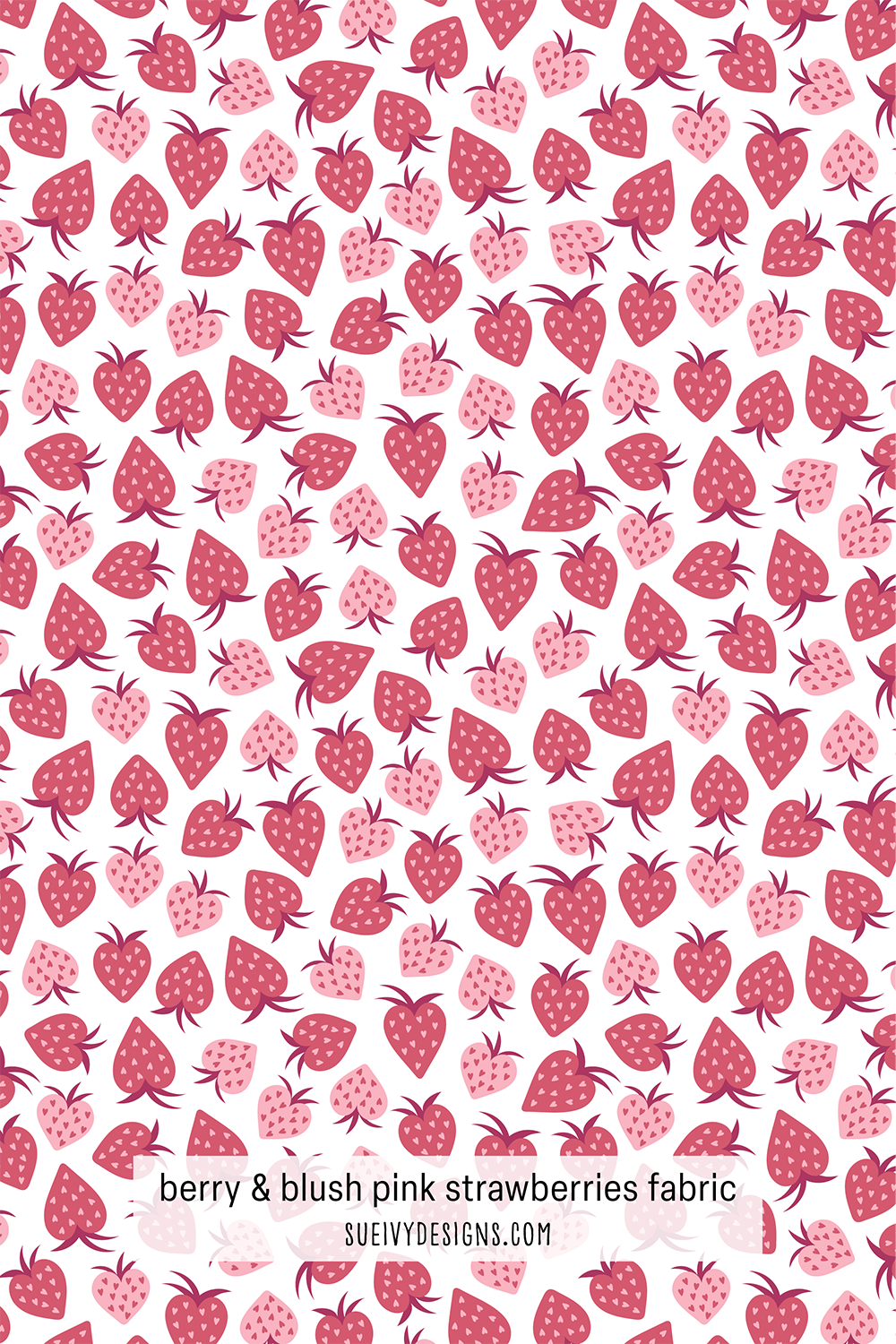 Tossed strawberry fabric print in berry and blush pink by Sue Ivy Designs, perfect for quilting and apparel