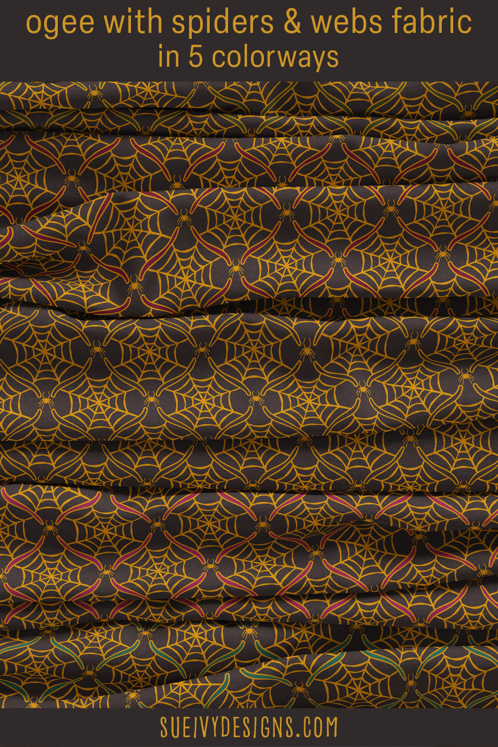 Ogee with spiders & spiderwebs fabric in five colorways, Nocturnal Halloween Garden collection by Sue Ivy Designs.