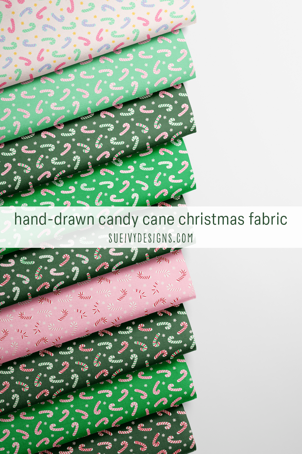 Tossed candy canes and snowflakes in nine colorways — core six plus three two-color canes. Christmas quilting fabric.