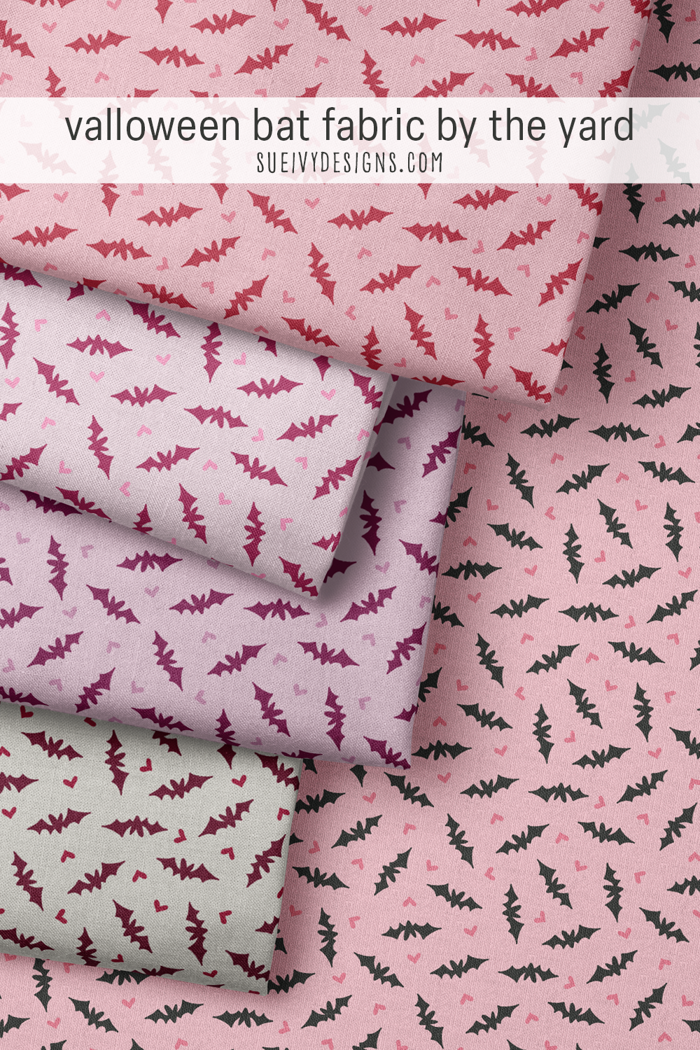 Tiny hearts and heart-bodied bats in five colorways including purple and pink & black, for a Halloween costume cape