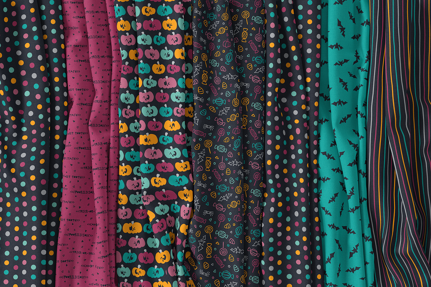 Spookilicious Halloween fabric collection prints in the dark colorway by Sue Ivy Designs.