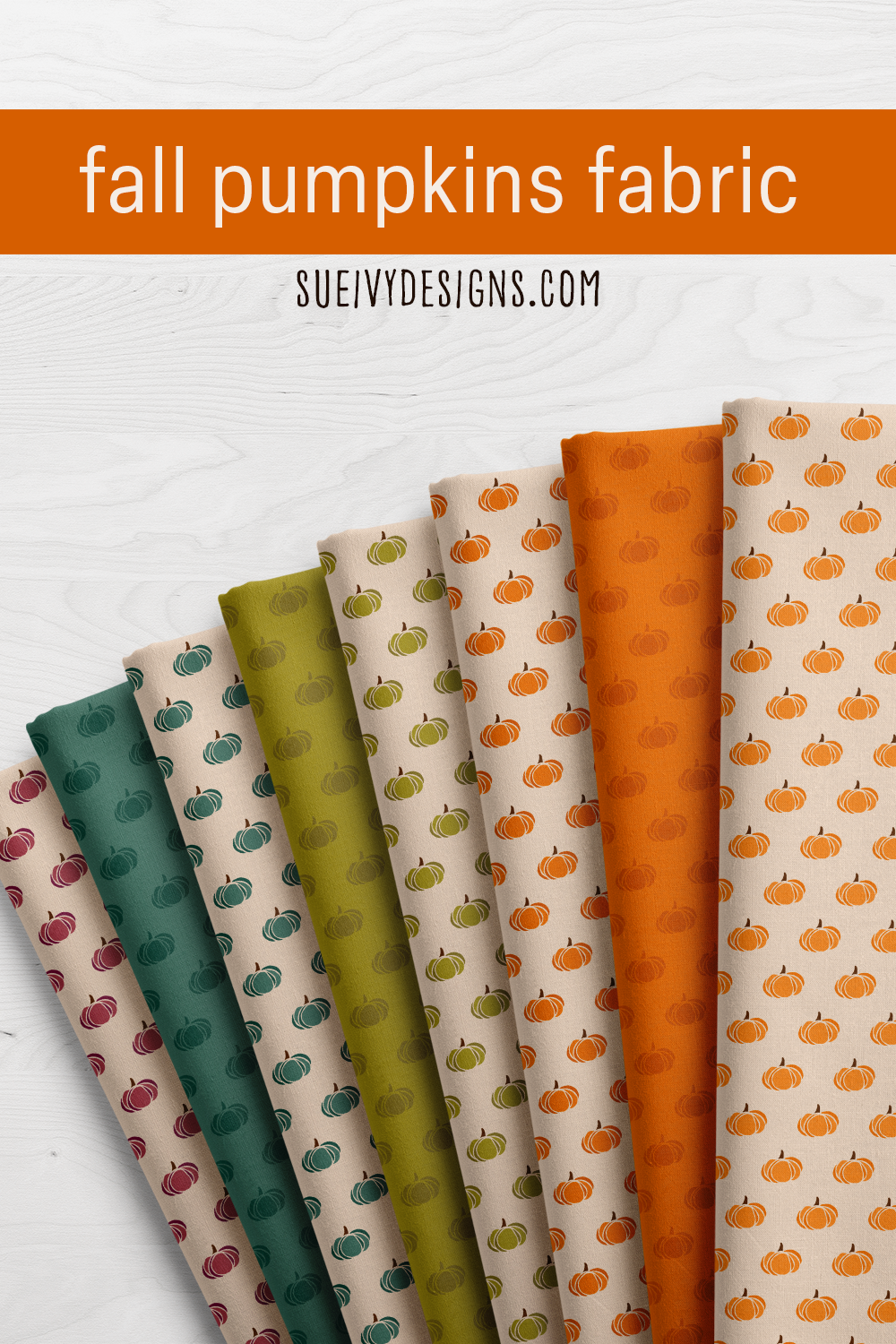 Fall pumpkins fabric from the Autumn Rainbows collection by Sue Ivy Designs, a block-print pumpkin design shown in multiple colorways.