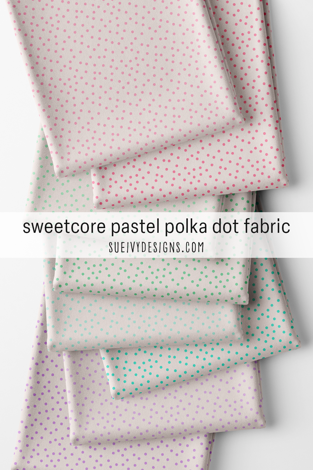 Candy-pastel polka dots, all 8 colorways — candy pinks, mint greens, aqua blues, and candy purples on cream, winter sewing fabric.