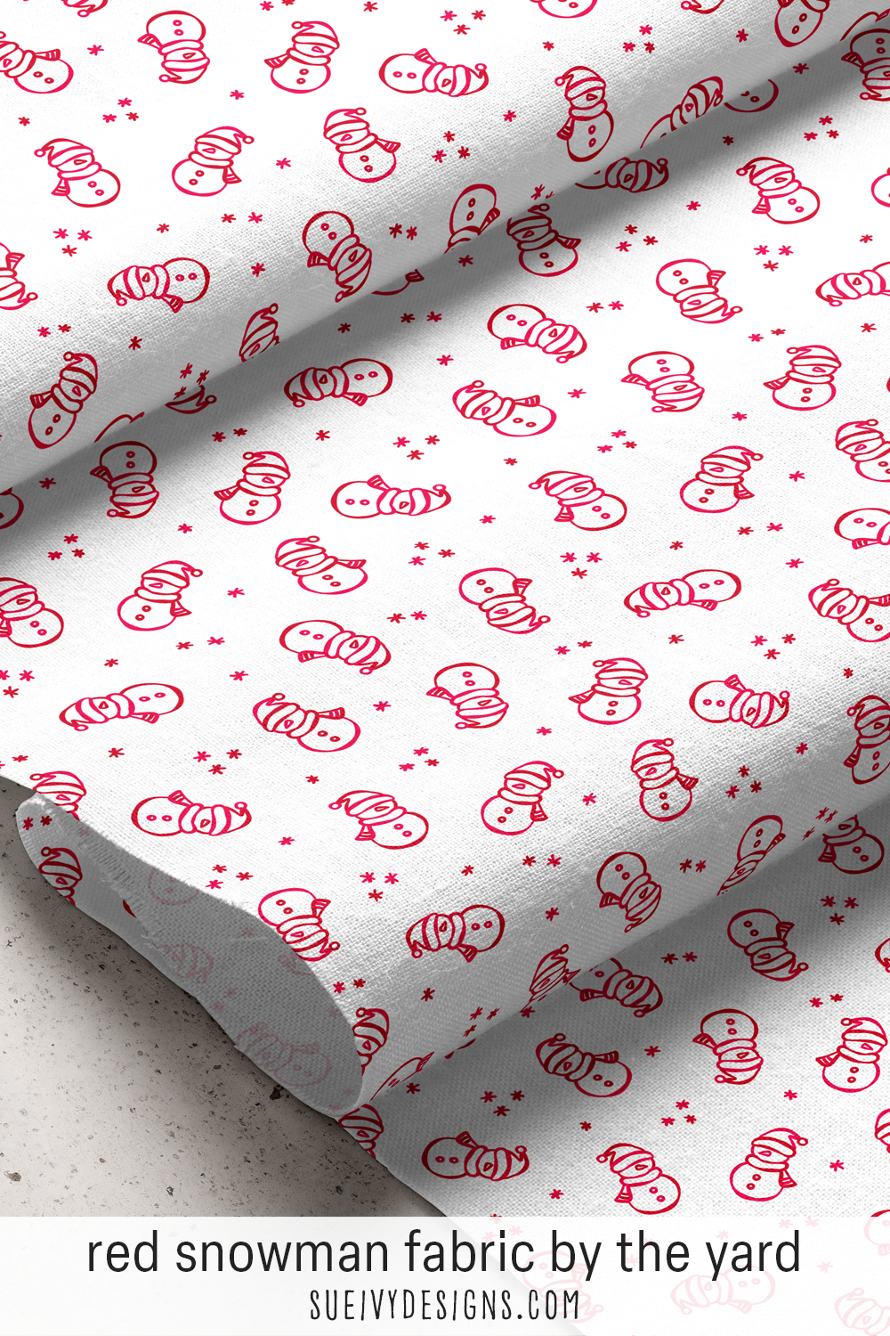 Red snowman fabric by the yard, cherry red and bright red doodled snowmen tossed on white for Christmas and winter sewing.