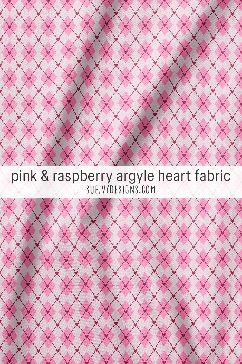Bubblegum pink argyle with raspberry hearts where the dashed lines cross, on pale pink — Valentine's sewing fabric