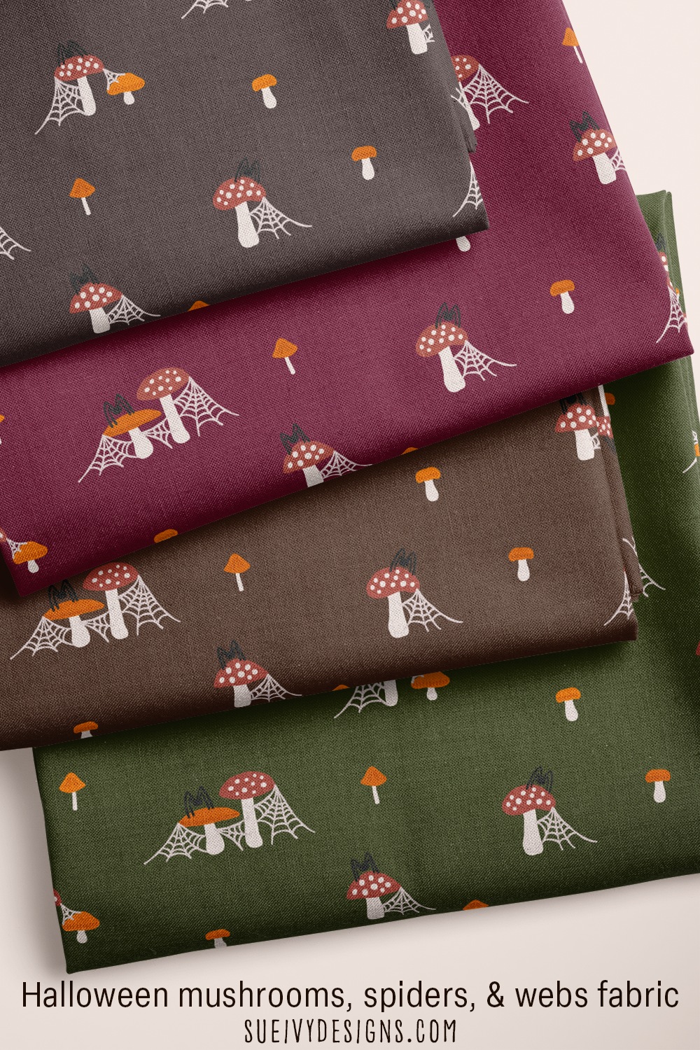Halloween mushroom fabric with spiders and webs from the Snails & Mushrooms collection by Sue Ivy Designs, shown across the collection's dark autumn colorways.