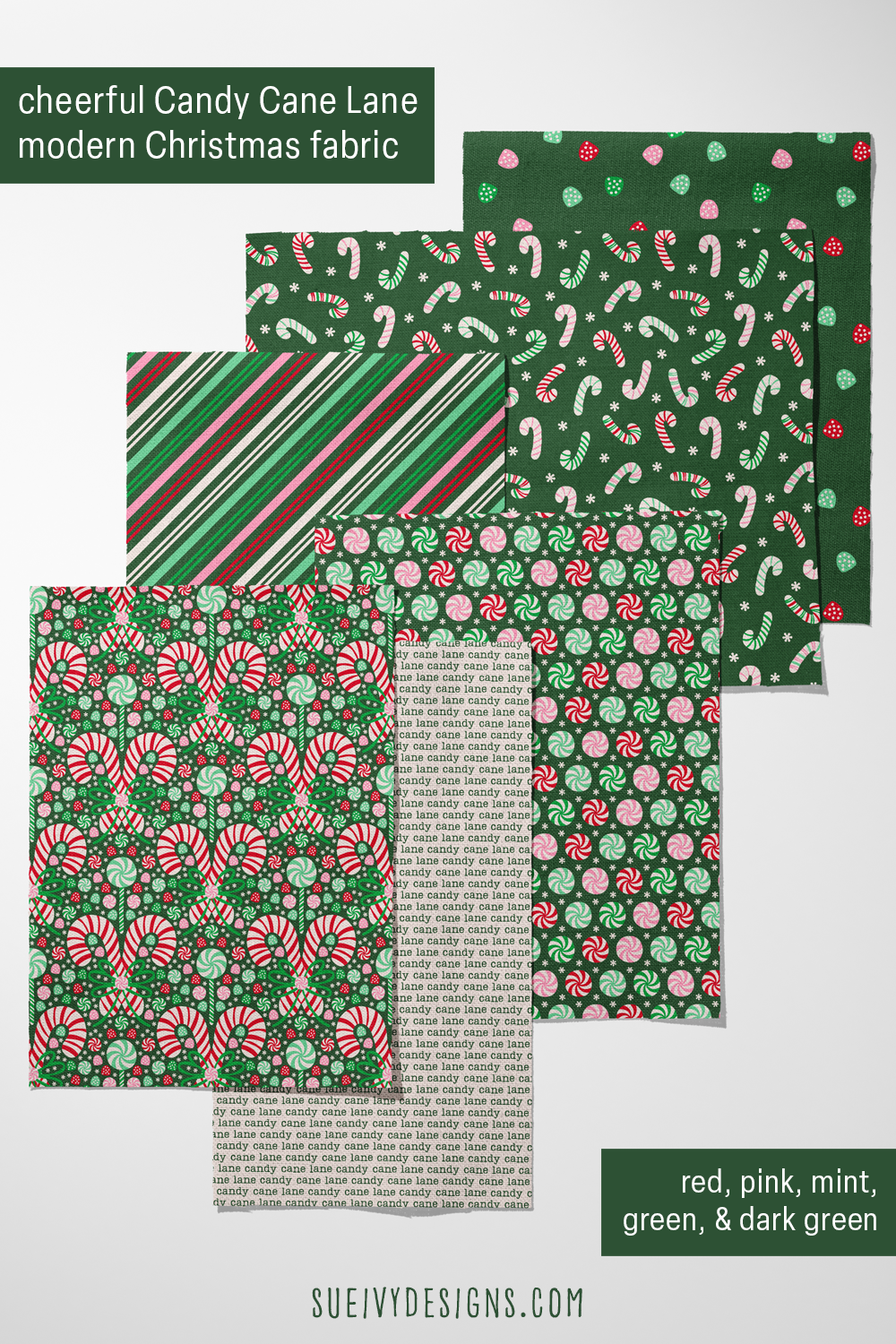 Candy Cane Lane prints in red, pink, mint, and green on dark green — modern Christmas quilting fabric.
