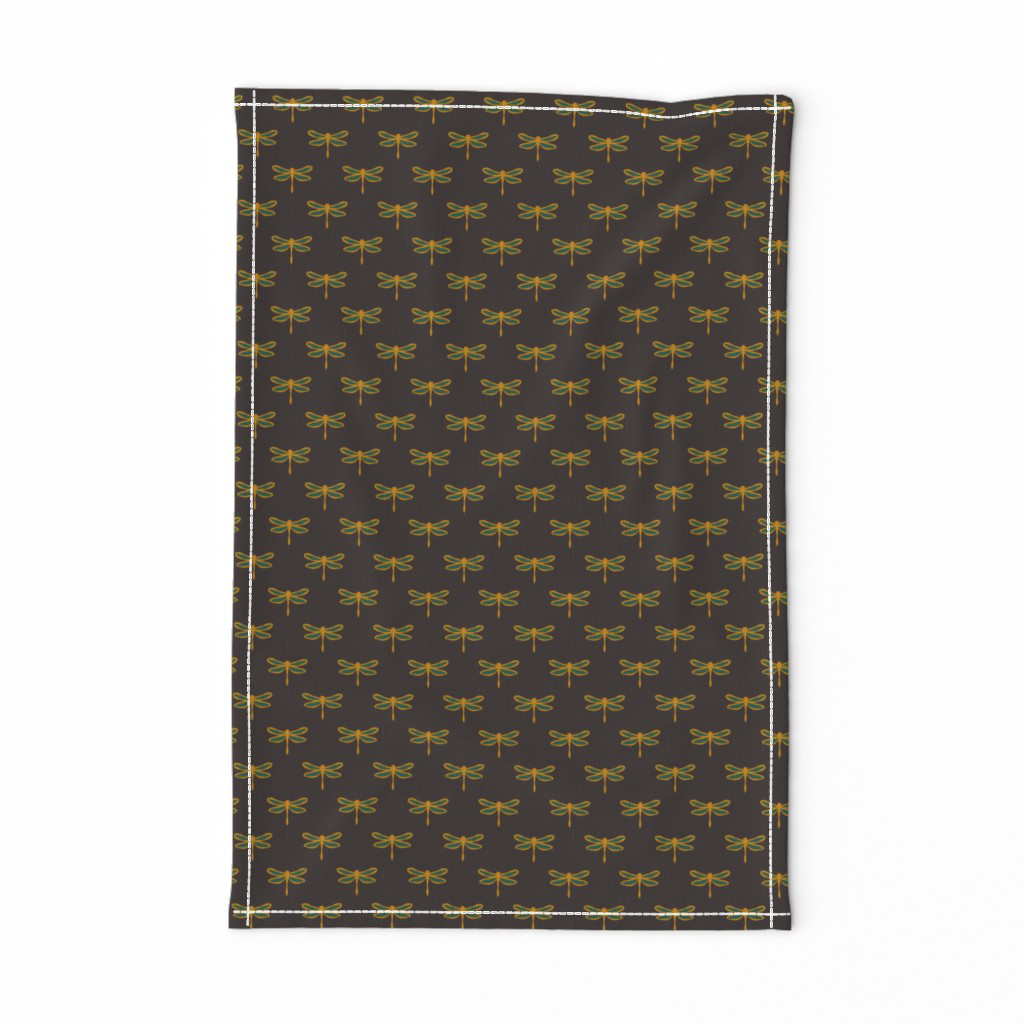 Gold and dark teal dragonfly tea towel, a jewel-toned kitchen accent for Halloween entertaining.