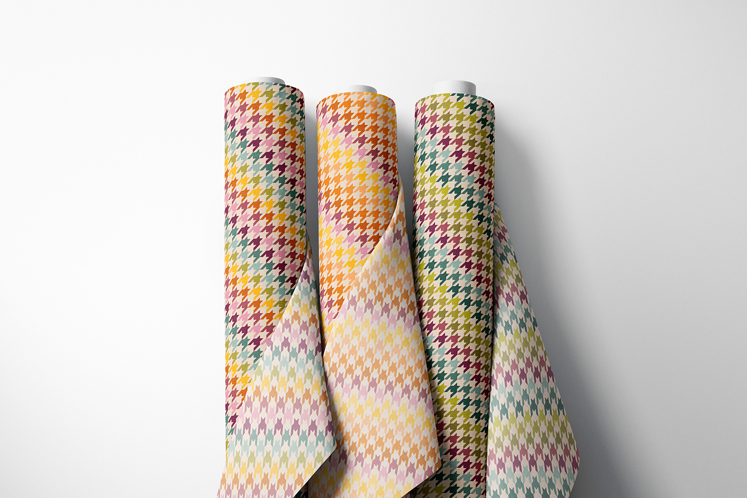 Houndstooth blender fabric from the Autumn Rainbows fall collection by Sue Ivy Designs, in three rainbow colorways.