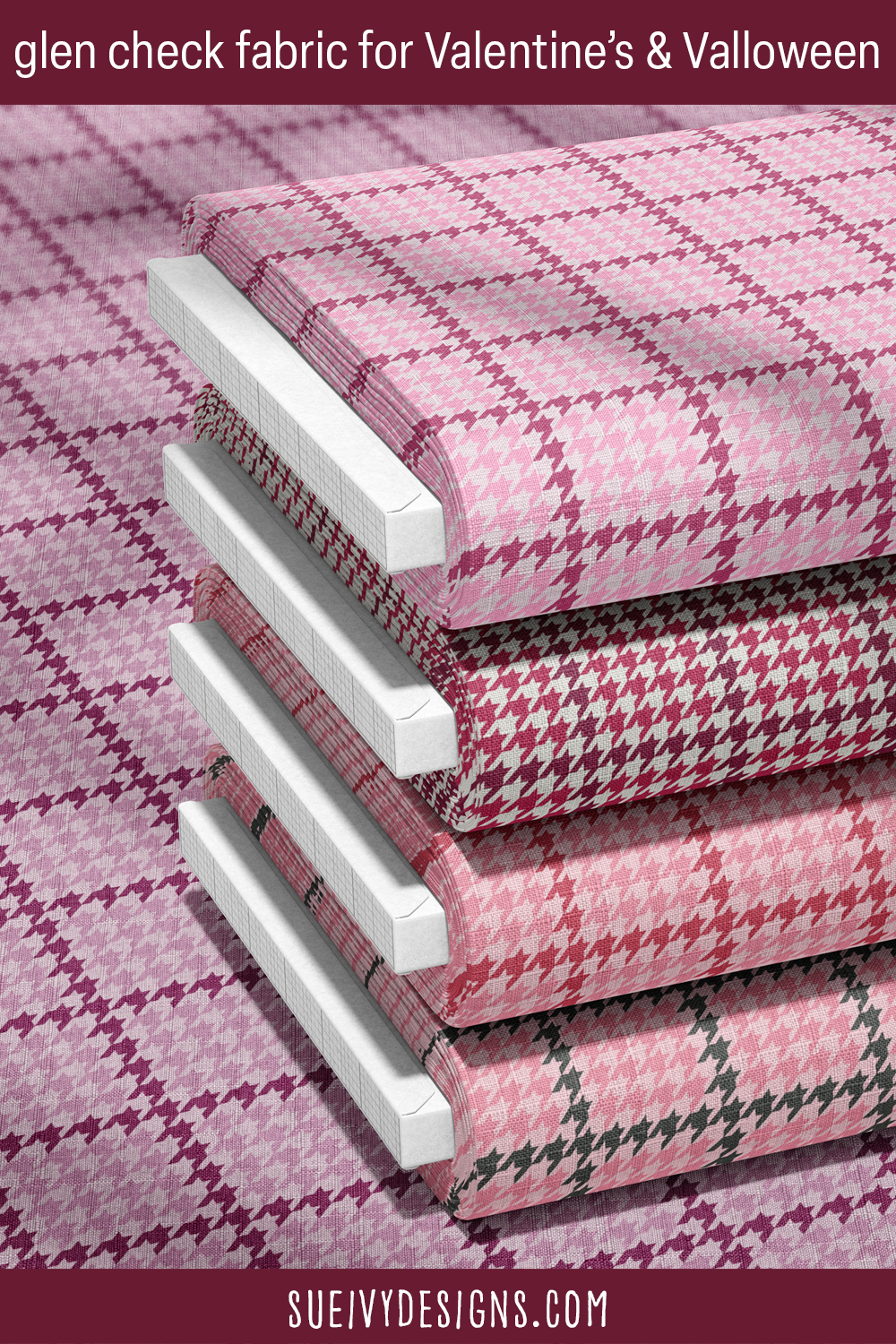 A glen check built from houndstooth, in five colorways including pink & red and pink & black, for a Valentine's pinafore dress