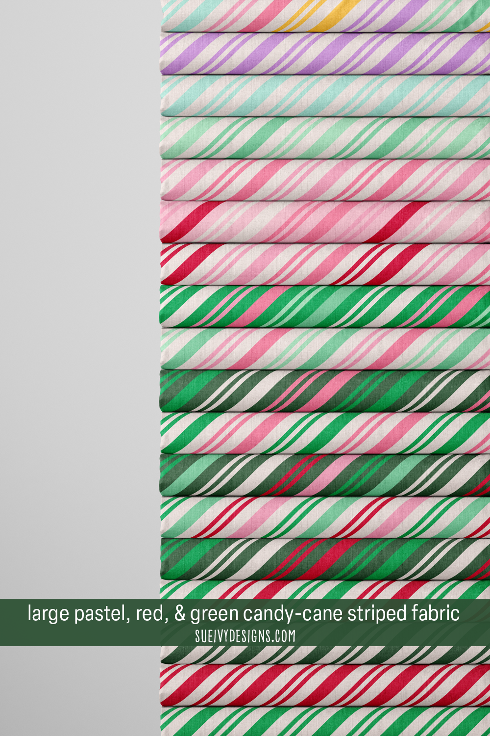 Large-scale diagonal candy-cane stripes in all 18 colorways — Christmas quilting fabric.