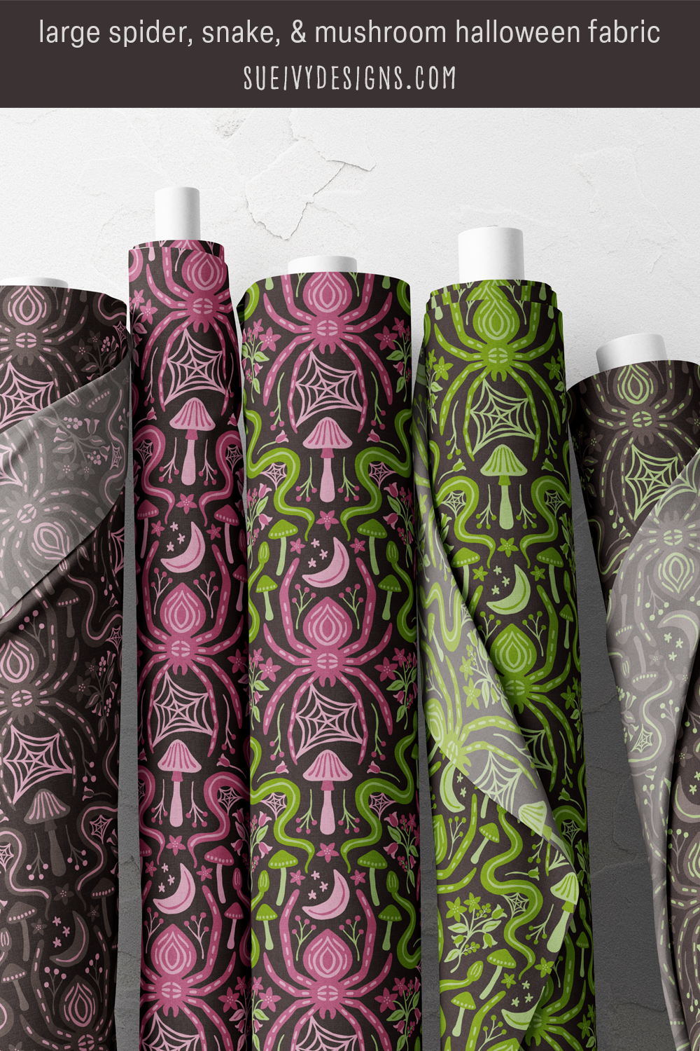 Large spider, snake and mushroom damask in all five colorways, greens and raspberry purples through warm gray — quilting cotton.
