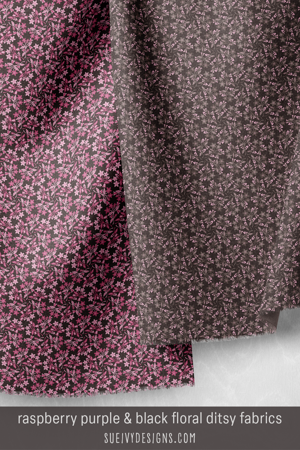 Saturated raspberry purple and muted warm gray panels of the poison-berry ditsy — quilting fabric.