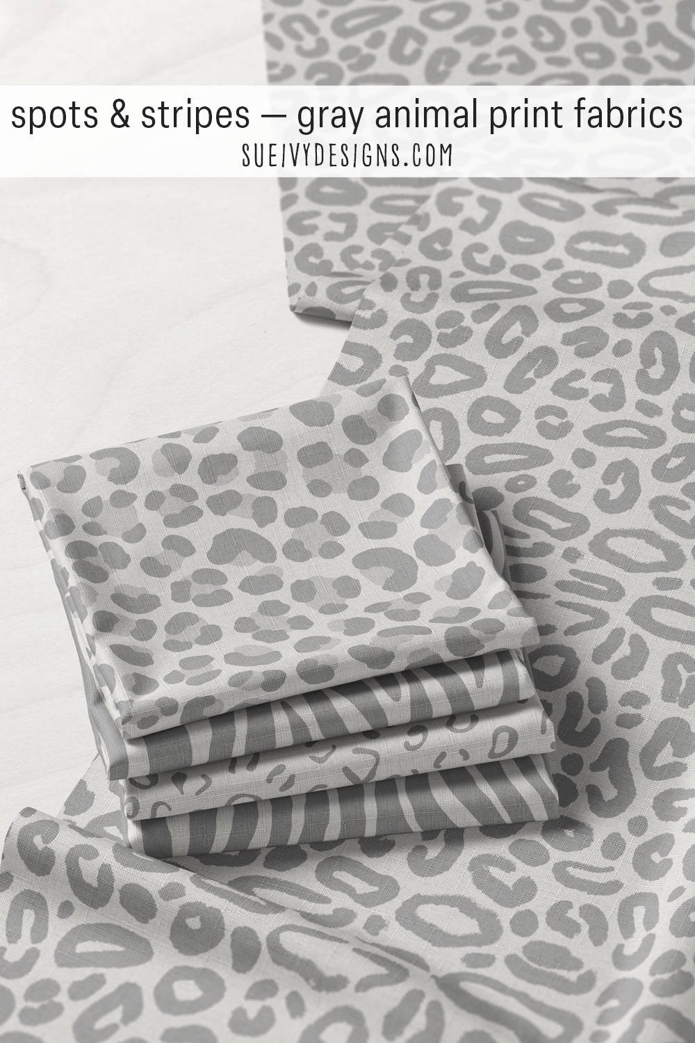 Gray animal print fabrics — soft tonal spots and stripes, a range of leopard, tiger, and zebra, for apparel and quilting.
