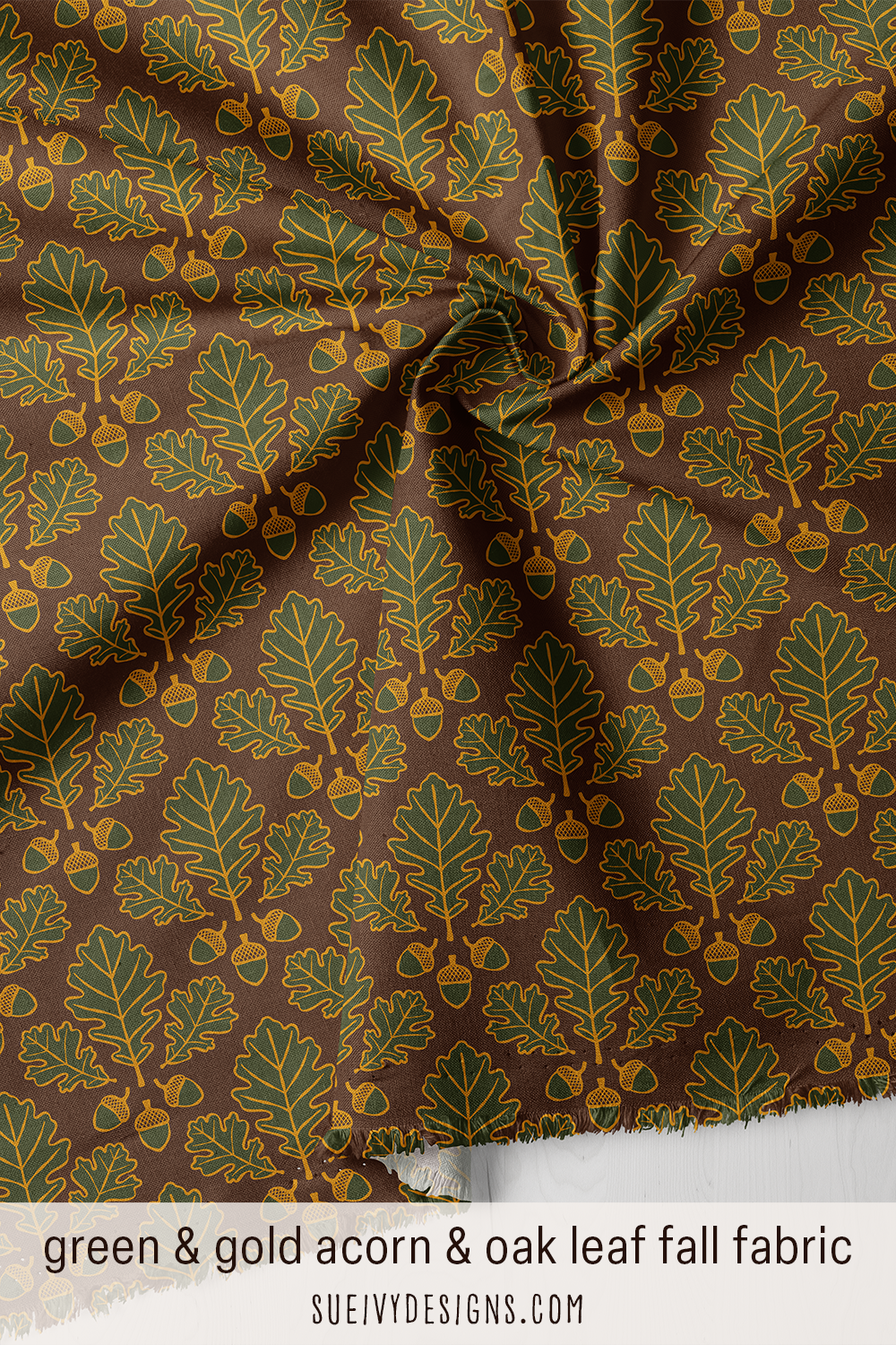 Acorn & oak leaf damask fabric in dark forest green from the Gilded Autumn fall fabric collection by Sue Ivy Designs.
