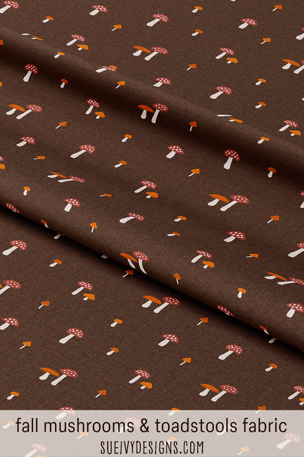 Fall red and orange mushrooms on coffee brown fabric, from Snails & Mushrooms.