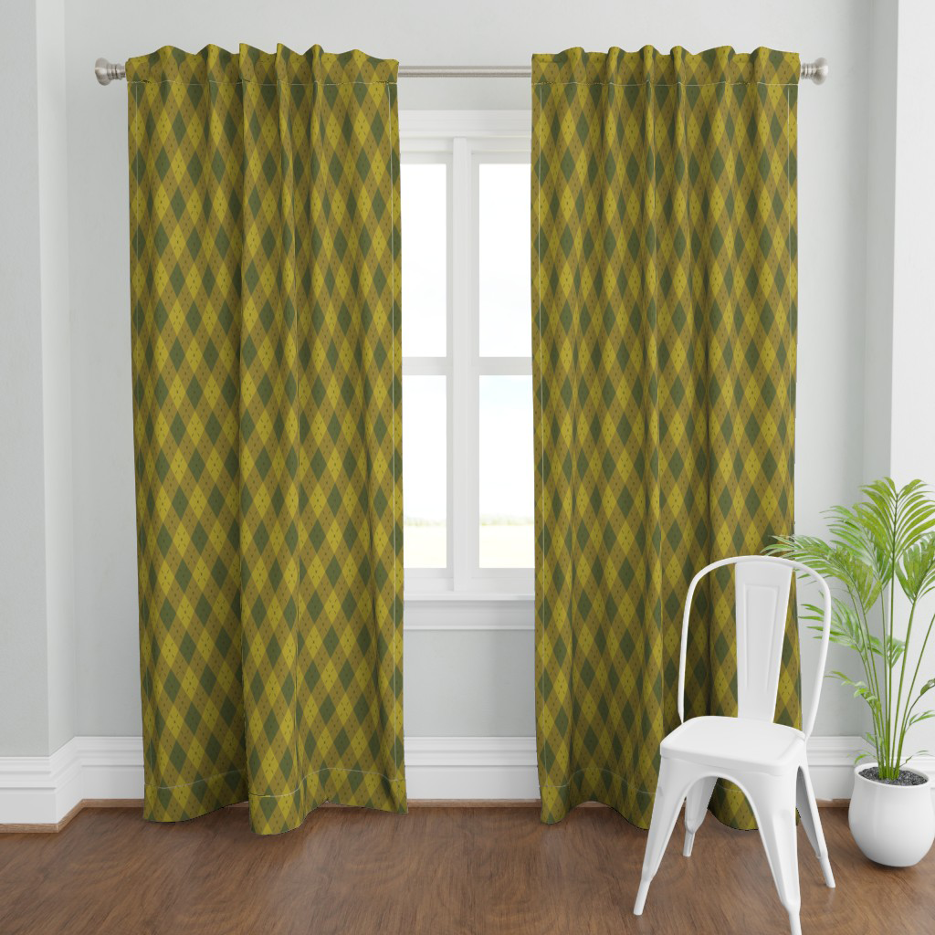 Curtains in olive and moss argyle, diamonds in tonal green.