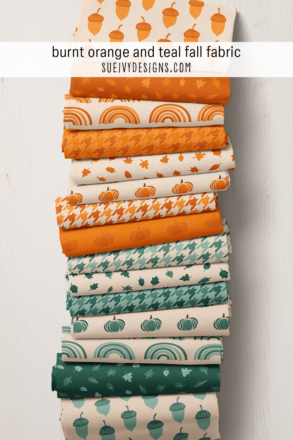 Every print in the burnt orange and teal colorways, fifteen fat quarters in all — a warm-and-cool pairing for fall sewing.