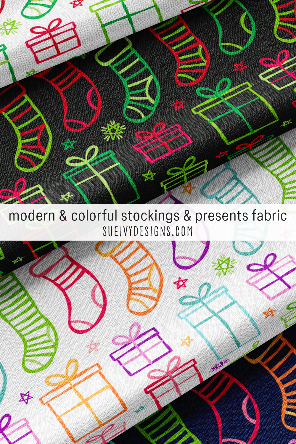 All four stockings-and-presents colorways — rainbow and red and green on white, navy, and black, for a coordinated quilt.