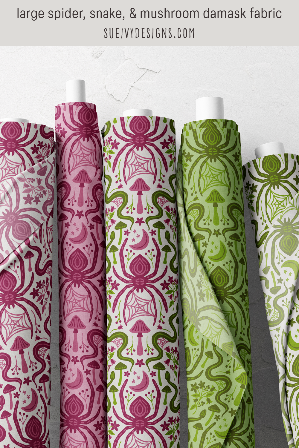 Spider, snake and mushroom damask at large scale, five colorways on light and color-on-color grounds — home decor fabric.