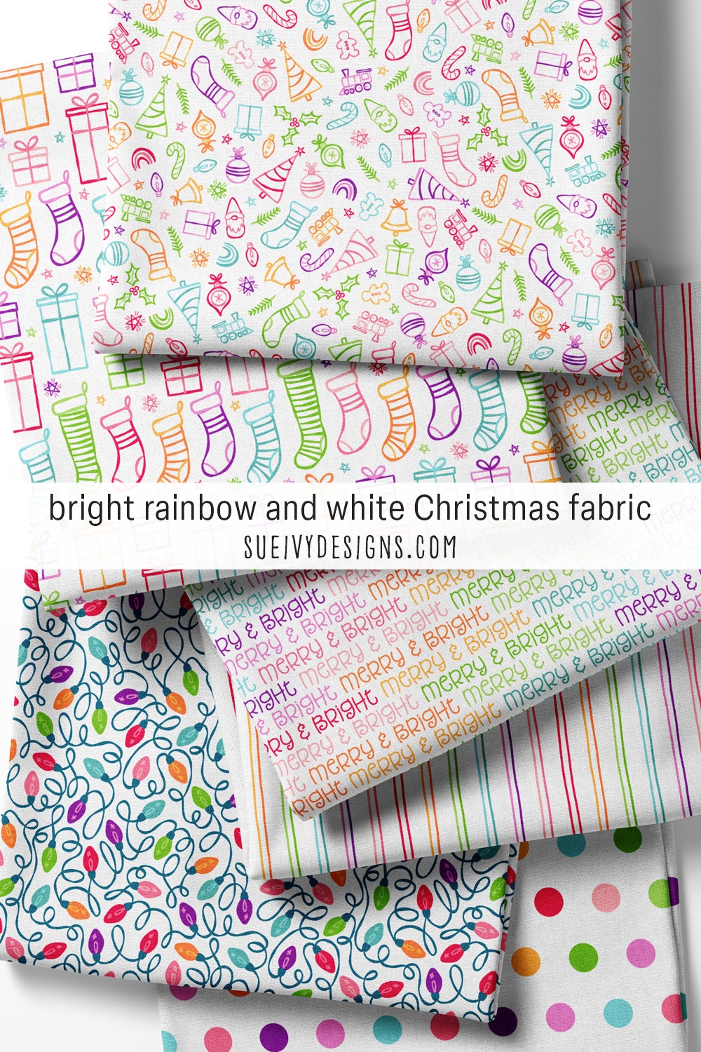 The rainbow colorway on white — doodles, stockings, string lights, and blenders, for a bright Christmas quilt.
