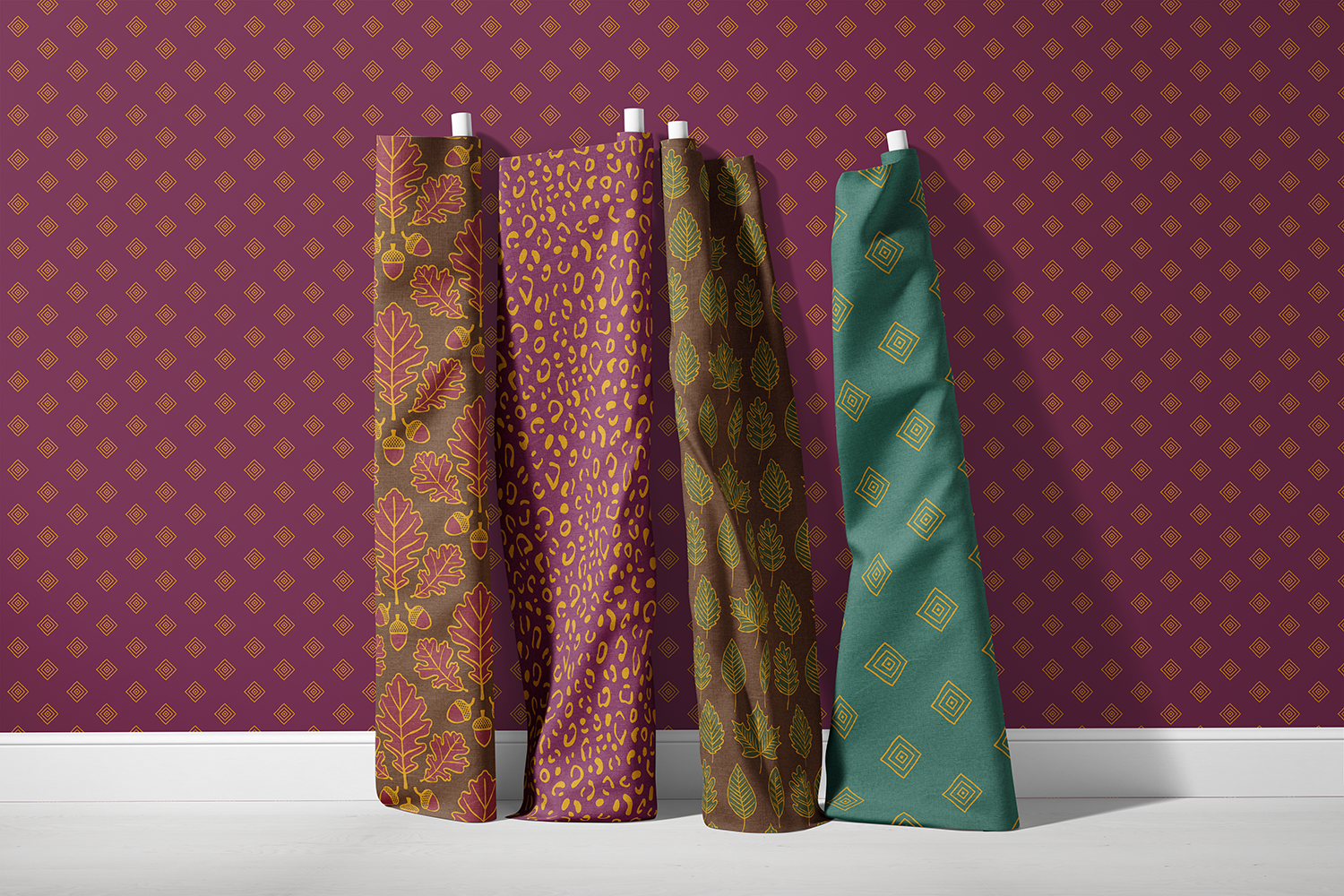 Extra large versions of fabric from the Gilded Autumn fall fabric collection shown with coordinating concentric diamonds wallpaper by Sue Ivy Designs.