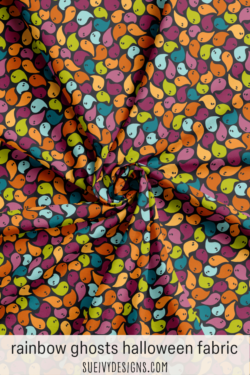 Fabric of tossed rainbow ghosts packed across a dark ground — the most colorful colorway in the Happy Haunting Halloween collection.